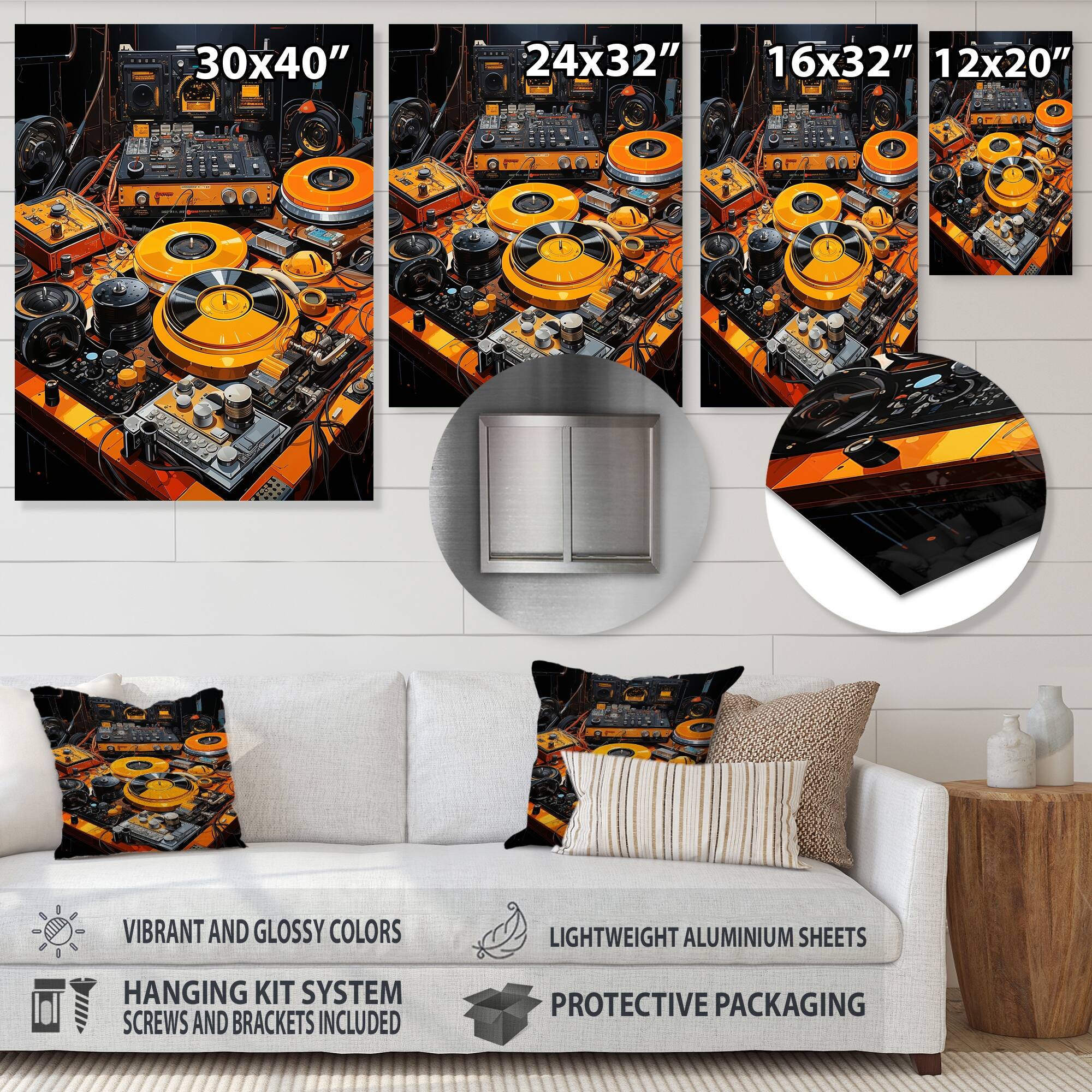 Designart "Yellow Turntables Boom Boxes III" Music Metal Wall Art